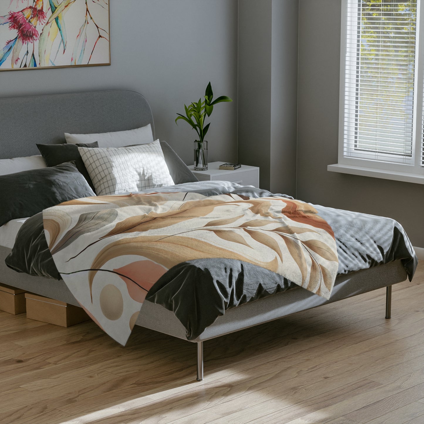 Velvety Microfiber Blanket - Soft Beige Floral Design