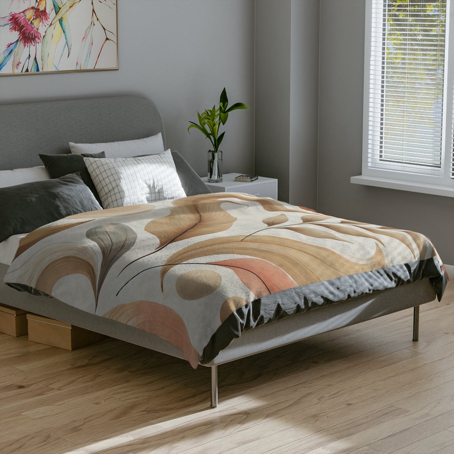 Velvety Microfiber Blanket - Soft Beige Floral Design